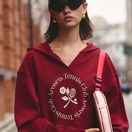 AROSRIS Tennis Club Vintage Hoodie in Burgundy Wine — front view showing Tennis Club heritage chest graphic and V-neckline