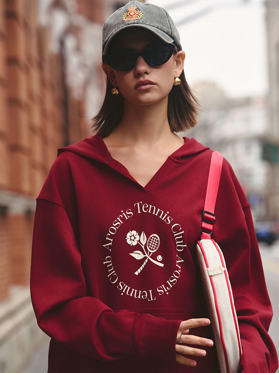 AROSRIS Tennis Club Vintage Hoodie in Burgundy Wine — front view showing Tennis Club heritage chest graphic and V-neckline