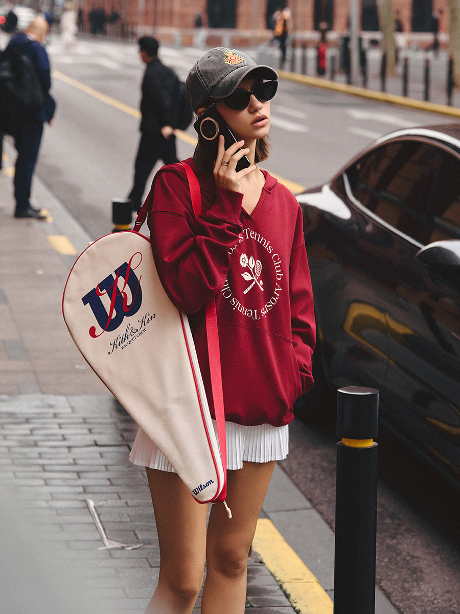 AROSRIS Tennis Club V-Neck Hoodie in Burgundy Wine — full body lifestyle shot showing relaxed fit and vintage campus aesthetic
