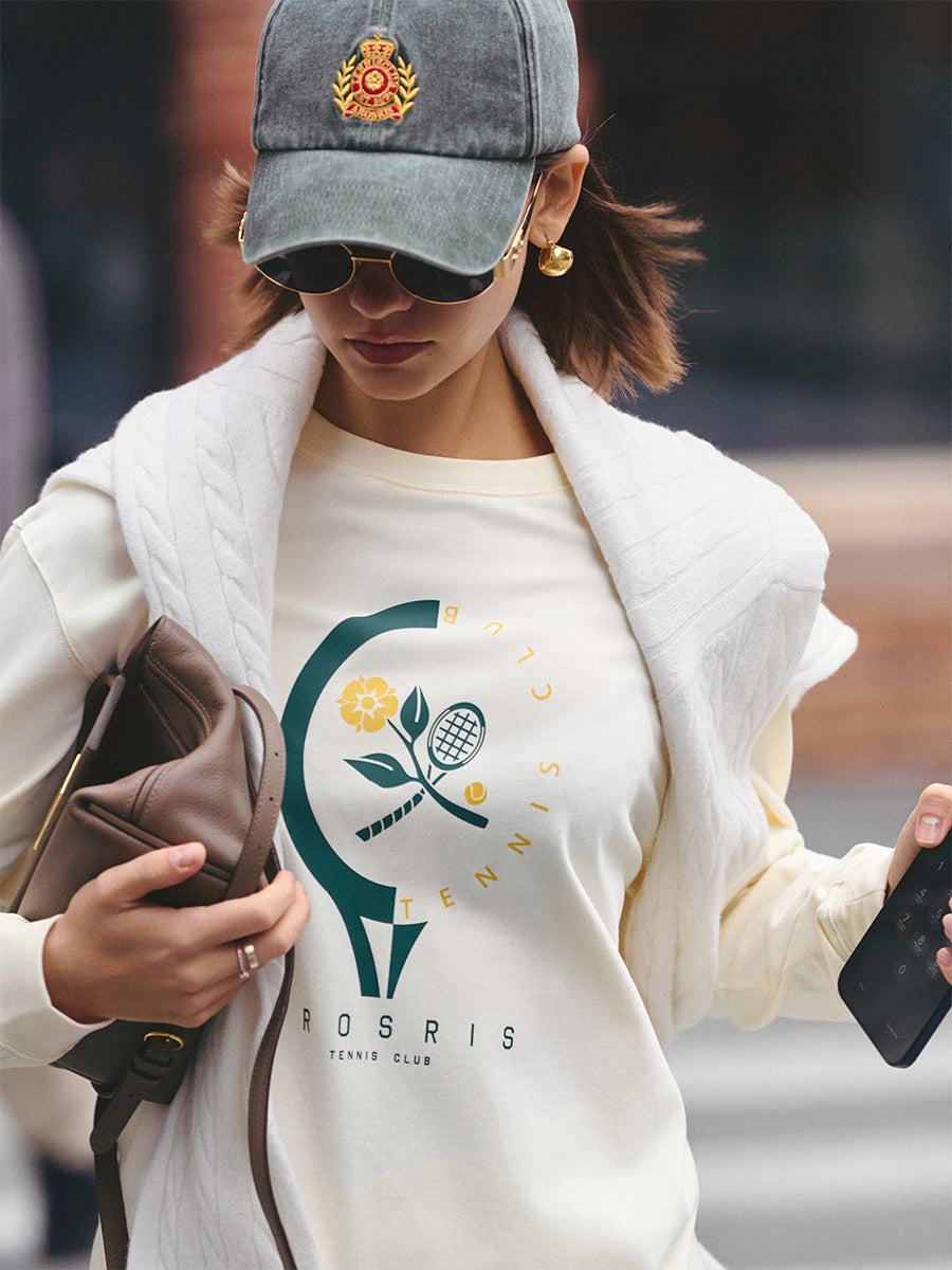 Close-up of AROSRIS Tennis Club Pima Cotton Long Sleeve Tee — retro tennis racket graphic and soft natural fabric texture