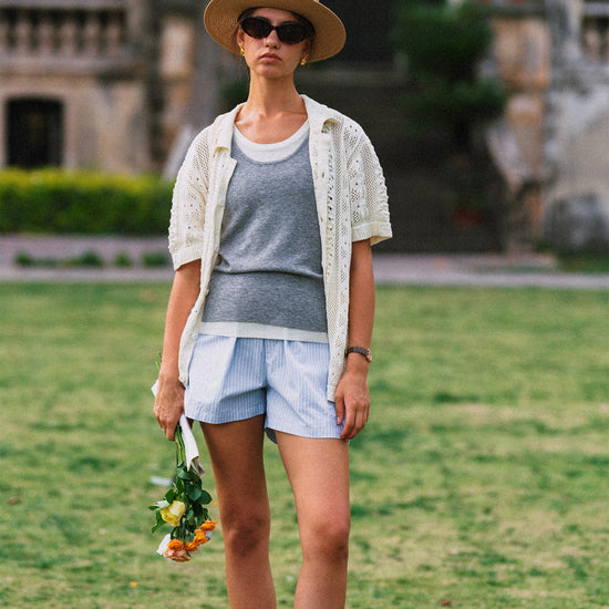 AROSRIS Four Seasons Faux Layered Vest in Mist Grey — side profile showing slim fit and elegant faux layered neckline