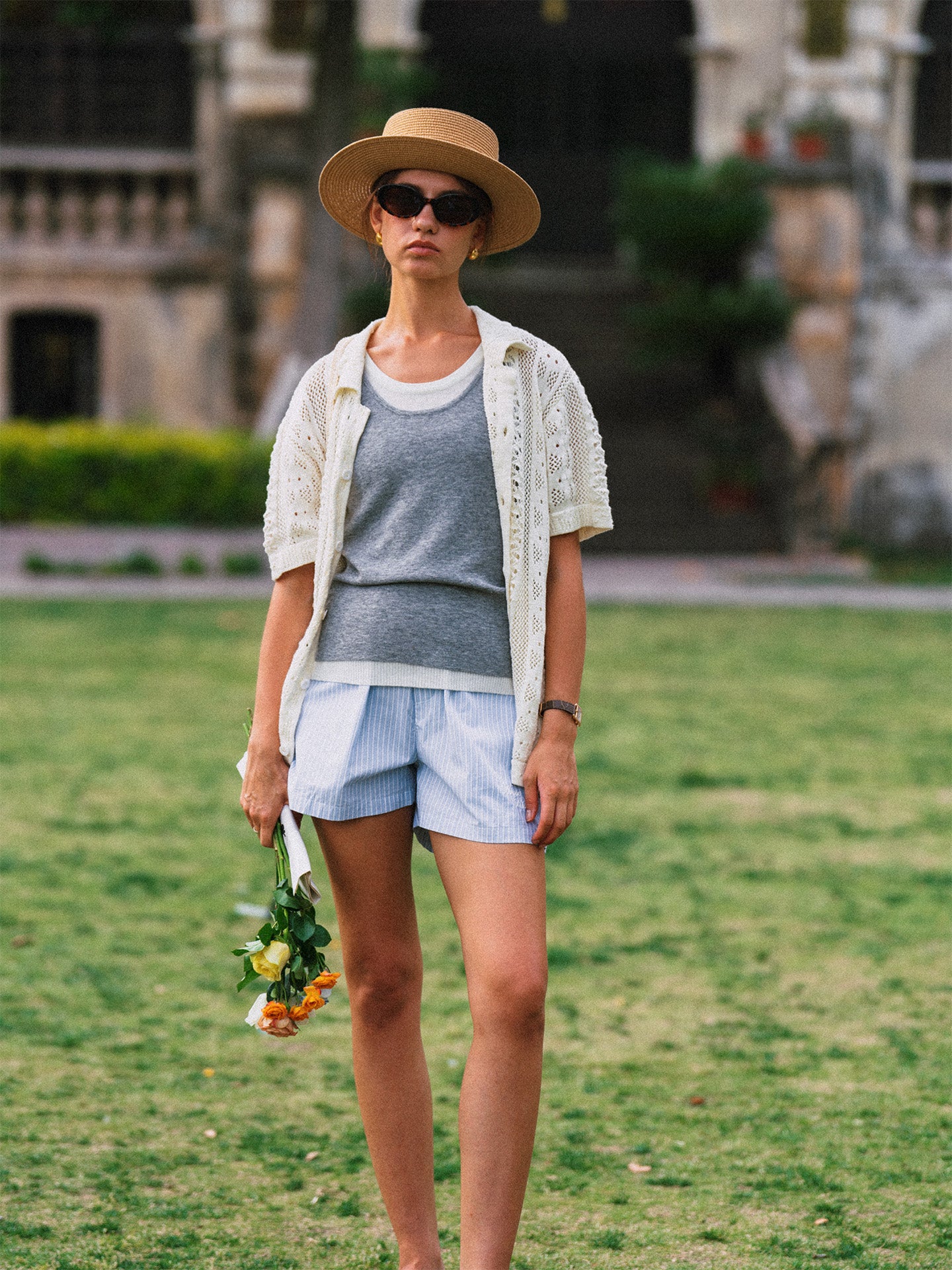 AROSRIS Four Seasons Faux Layered Vest in Mist Grey — side profile showing slim fit and elegant faux layered neckline