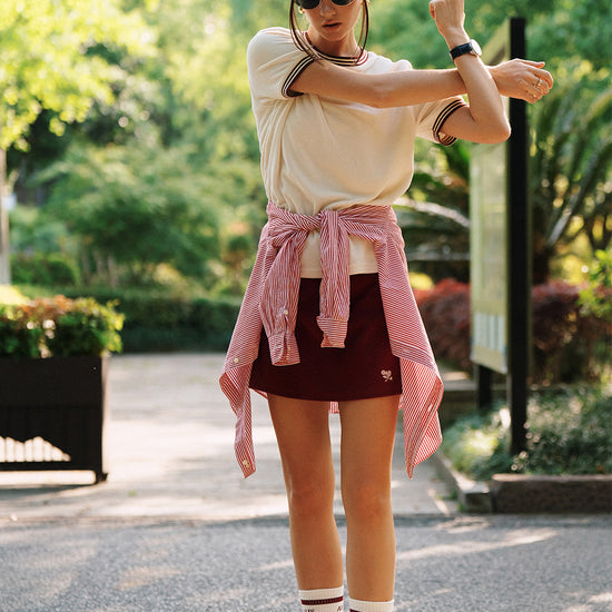 AROSRIS Morning Walk Terry Ringer Tee styled with mini skirt — showing waistline length and retro contrast trims