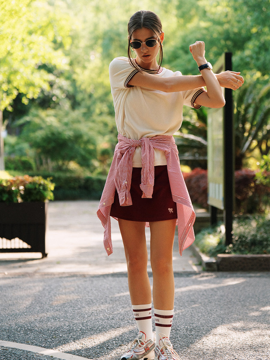 AROSRIS Morning Walk Terry Ringer Tee styled with mini skirt — showing waistline length and retro contrast trims