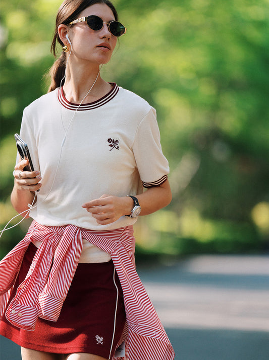 AROSRIS Tennis Club Skort in Passion Red — styled with matching waffle knit contrast polo for a coordinated tennis set