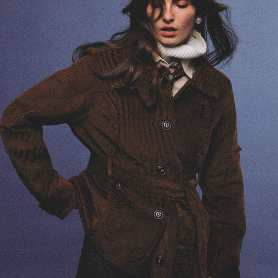 Arosris vintage caramel belted corduroy barn jacket made from 100% cotton corduroy, elegantly styled on a model in various poses for an effortless 90s old money country estate aesthetic.