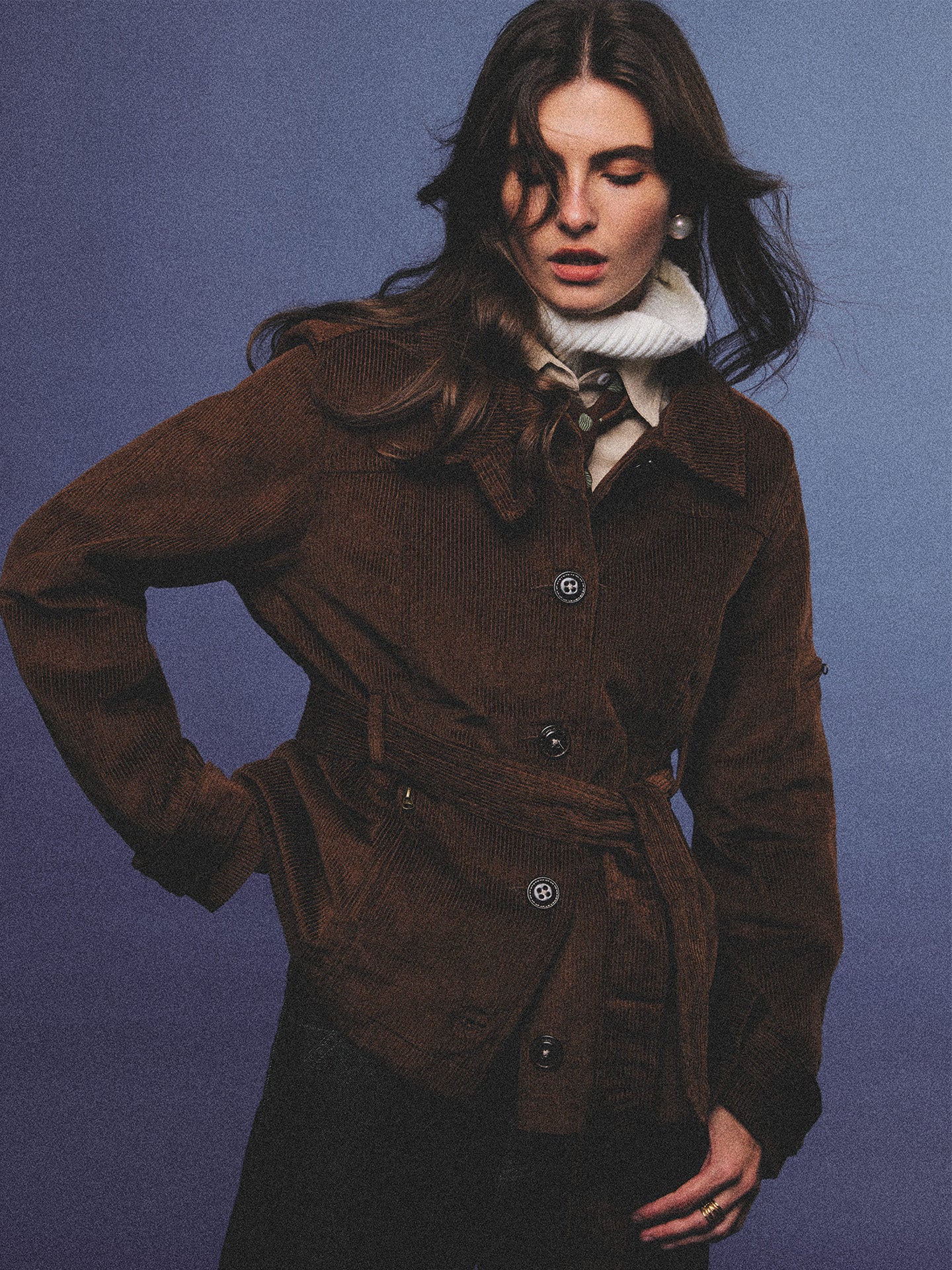 Arosris vintage caramel belted corduroy barn jacket made from 100% cotton corduroy, elegantly styled on a model in various poses for an effortless 90s old money country estate aesthetic.