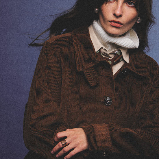 Arosris vintage caramel belted corduroy barn jacket made from 100% cotton corduroy, elegantly styled on a model in various poses for an effortless 90s old money country estate aesthetic.