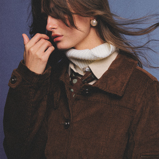 Arosris vintage caramel belted corduroy barn jacket made from 100% cotton corduroy, elegantly styled on a model in various poses for an effortless 90s old money country estate aesthetic.