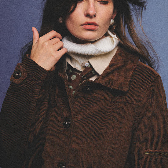 Arosris vintage caramel belted corduroy barn jacket made from 100% cotton corduroy, elegantly styled on a model in various poses for an effortless 90s old money country estate aesthetic.