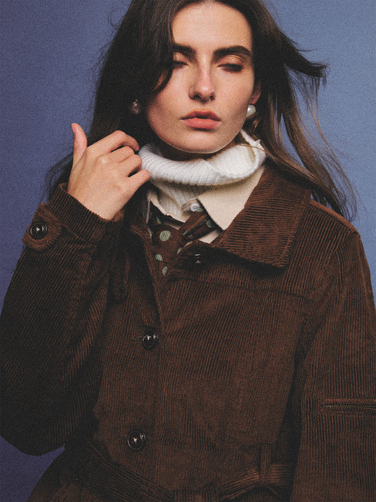 Arosris vintage caramel belted corduroy barn jacket made from 100% cotton corduroy, elegantly styled on a model in various poses for an effortless 90s old money country estate aesthetic.