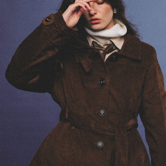 Arosris vintage caramel belted corduroy barn jacket made from 100% cotton corduroy, elegantly styled on a model in various poses for an effortless 90s old money country estate aesthetic.