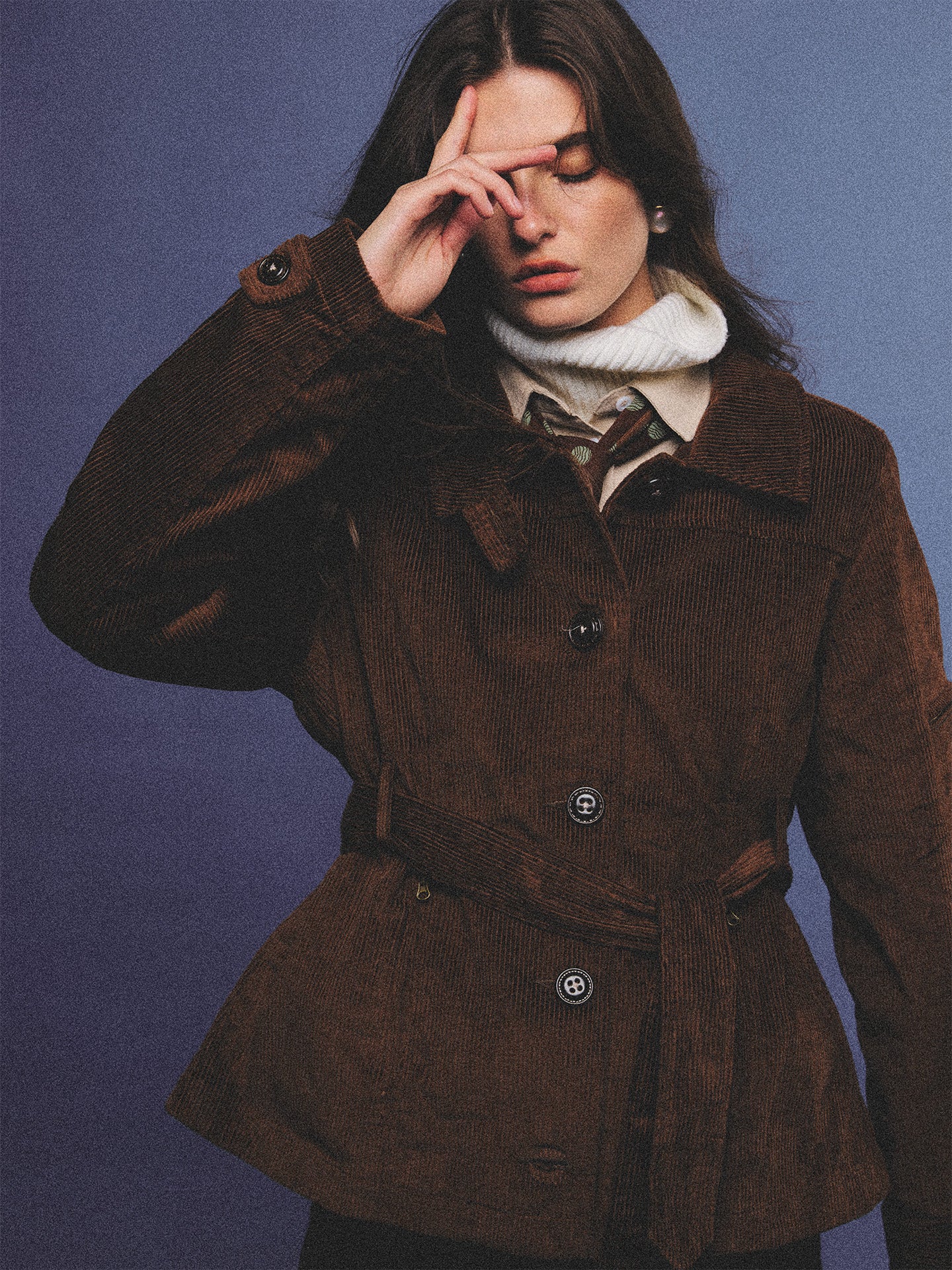 Arosris vintage caramel belted corduroy barn jacket made from 100% cotton corduroy, elegantly styled on a model in various poses for an effortless 90s old money country estate aesthetic.