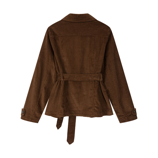 Arosris vintage caramel belted corduroy barn jacket displayed in product flat lay views on a white background, highlighting the 100% cotton corduroy texture, four functional patch pockets, and self-tie belt.