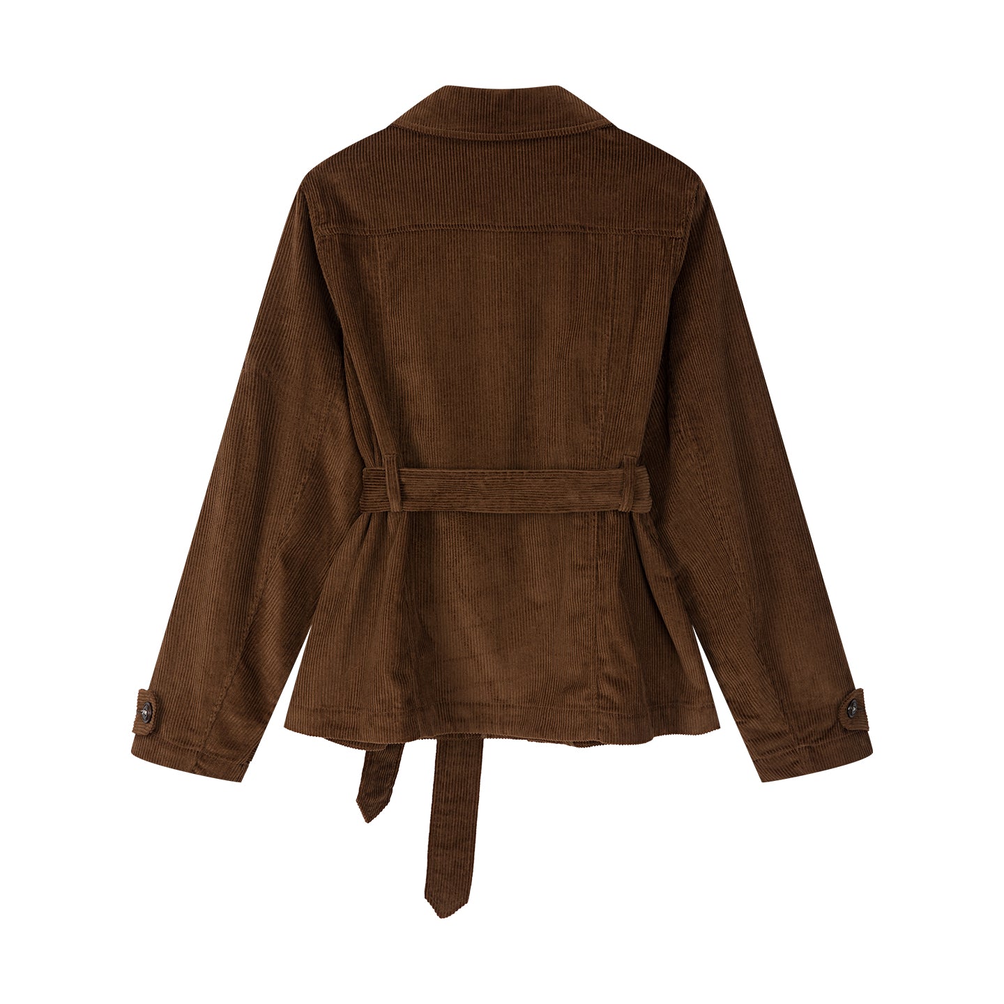 Arosris vintage caramel belted corduroy barn jacket displayed in product flat lay views on a white background, highlighting the 100% cotton corduroy texture, four functional patch pockets, and self-tie belt.