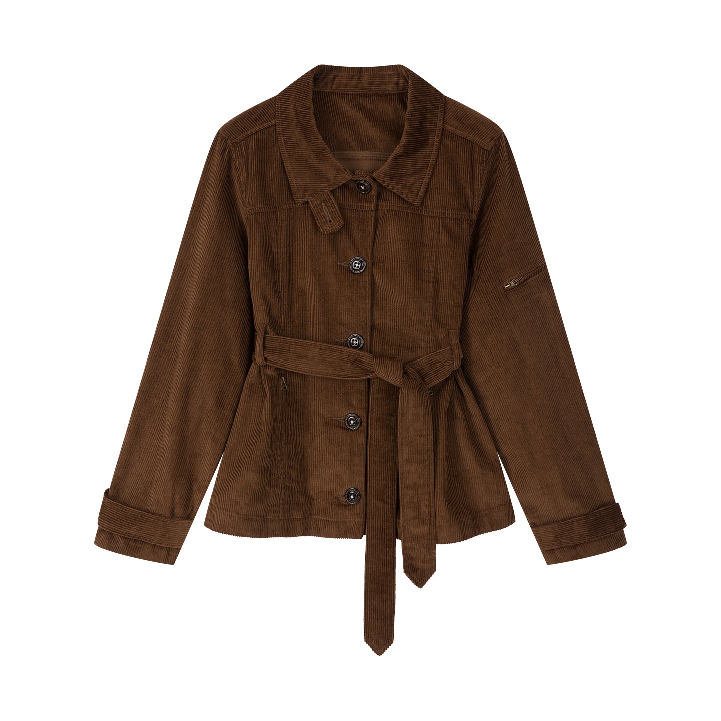 Arosris vintage caramel belted corduroy barn jacket displayed in product flat lay views on a white background, highlighting the 100% cotton corduroy texture, four functional patch pockets, and self-tie belt.