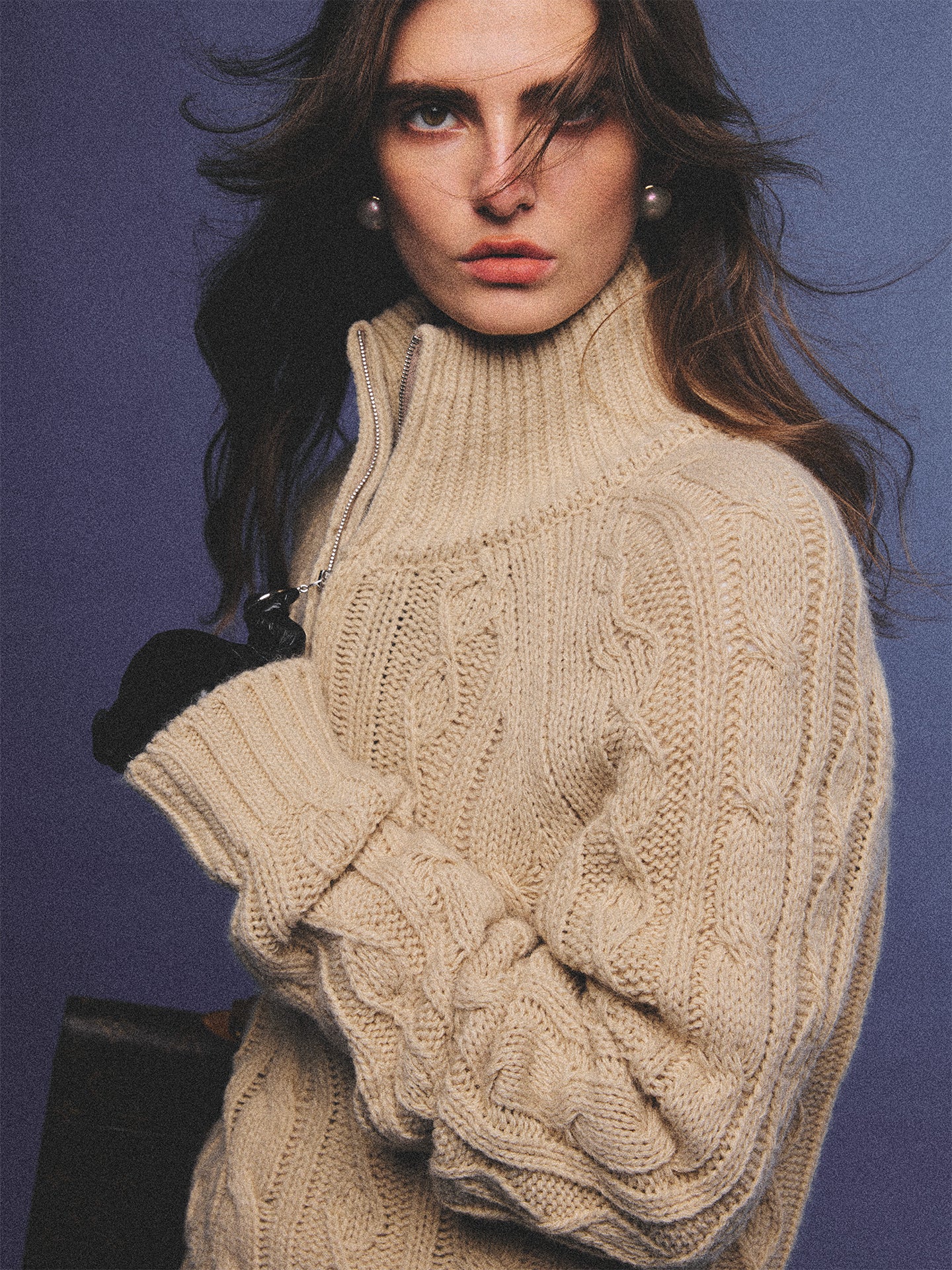 Arosris oatmeal latte cable knit half-zip sweater elegantly styled on a model over a crisp white collared shirt, capturing an effortless 90s preppy and old money academia aesthetic.