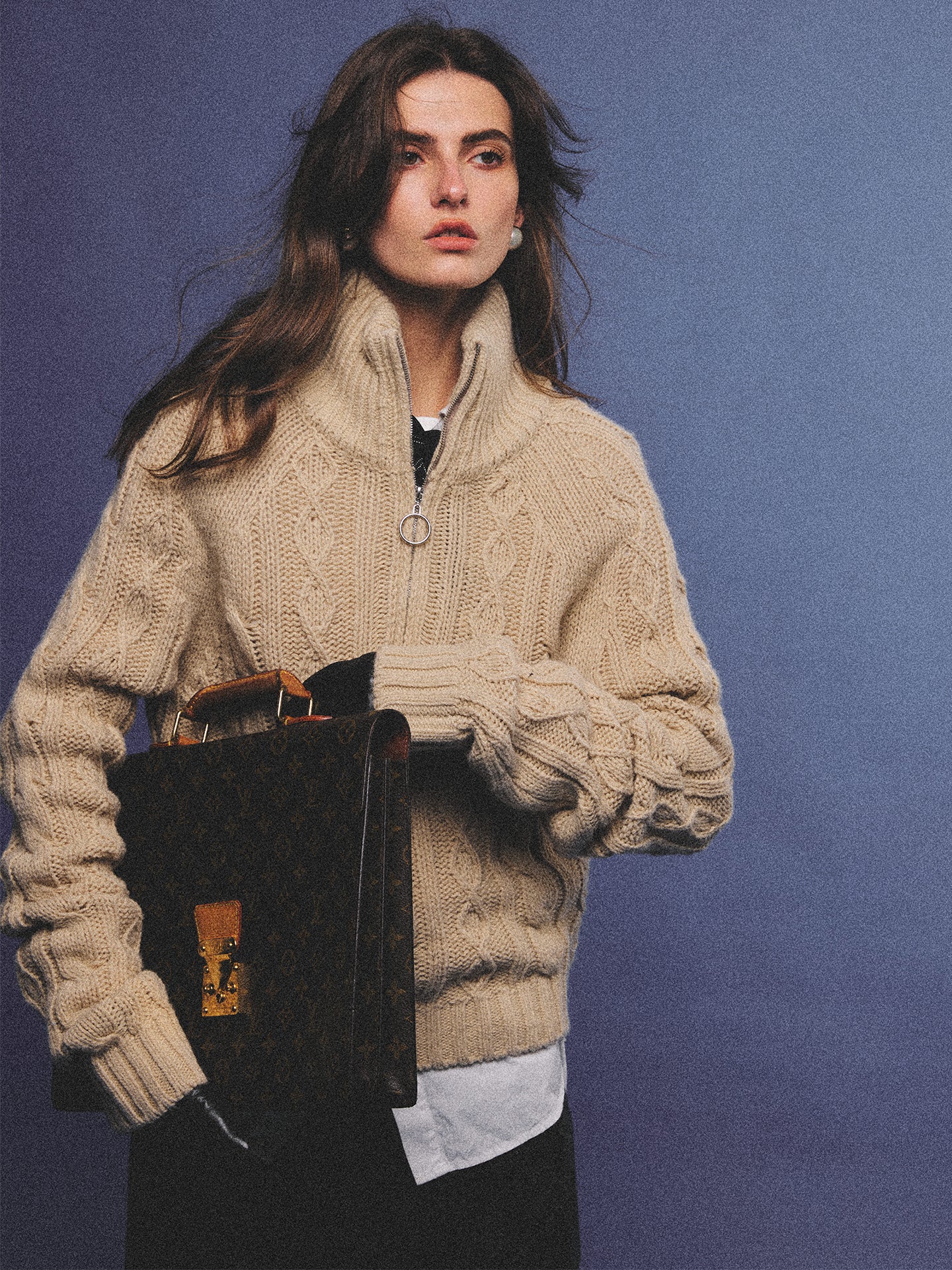 Arosris oatmeal latte cable knit half-zip sweater elegantly styled on a model over a crisp white collared shirt, capturing an effortless 90s preppy and old money academia aesthetic.