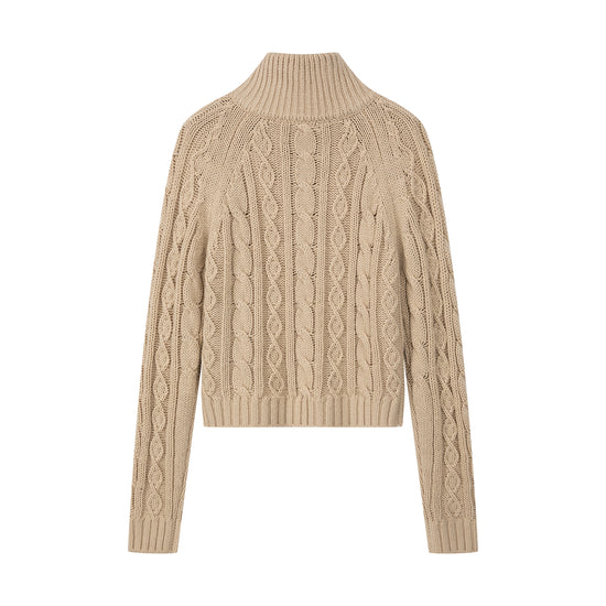 Arosris oatmeal latte cable knit half-zip sweater displayed in product flat lay views, showcasing the classic chunky cable texture, vintage crest embroidery, and retro ring-pull hardware.