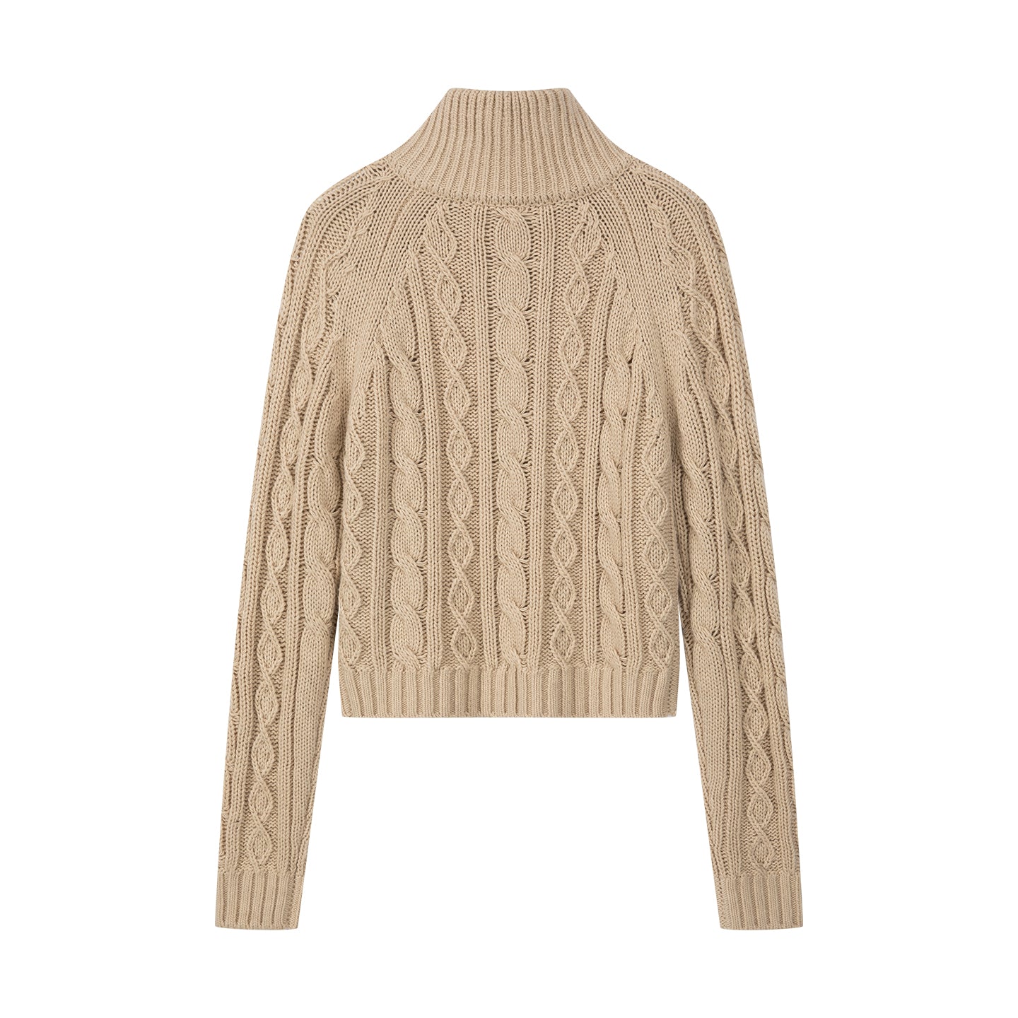 Arosris oatmeal latte cable knit half-zip sweater displayed in product flat lay views, showcasing the classic chunky cable texture, vintage crest embroidery, and retro ring-pull hardware.
