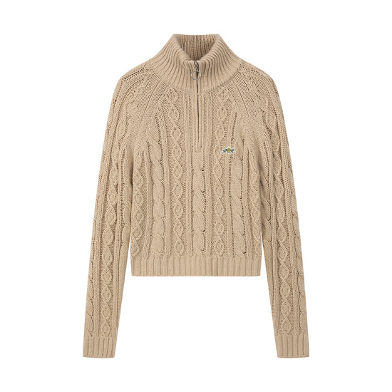 Arosris oatmeal latte cable knit half-zip sweater displayed in product flat lay views, showcasing the classic chunky cable texture, vintage crest embroidery, and retro ring-pull hardware.