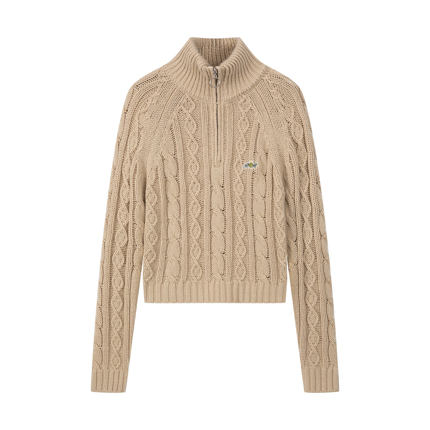 Arosris oatmeal latte cable knit half-zip sweater displayed in product flat lay views, showcasing the classic chunky cable texture, vintage crest embroidery, and retro ring-pull hardware.