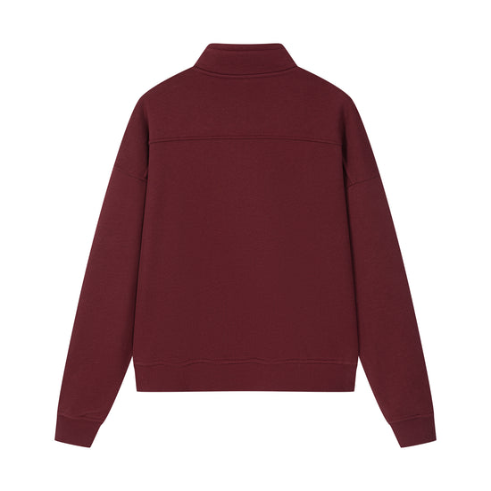 Arosris vintage-inspired campus half-zip sweatshirt showcasing a signature mock neck, silver hardware, and premium 'Sportys / Arosris' crest embroidery on a heavyweight cotton blend.