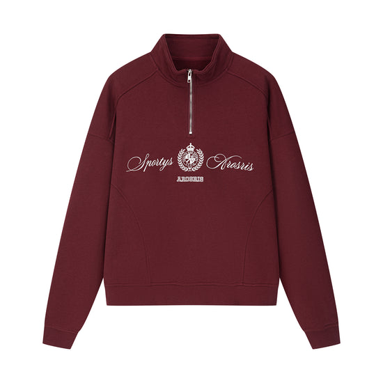 Arosris vintage-inspired campus half-zip sweatshirt showcasing a signature mock neck, silver hardware, and premium 'Sportys / Arosris' crest embroidery on a heavyweight cotton blend.