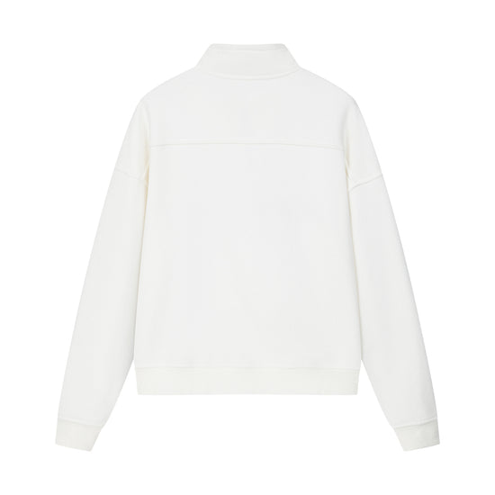 Arosris vintage-inspired campus half-zip sweatshirt showcasing a signature mock neck, silver hardware, and premium 'Sportys / Arosris' crest embroidery on a heavyweight cotton blend.
