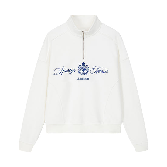 Arosris vintage-inspired campus half-zip sweatshirt showcasing a signature mock neck, silver hardware, and premium 'Sportys / Arosris' crest embroidery on a heavyweight cotton blend.