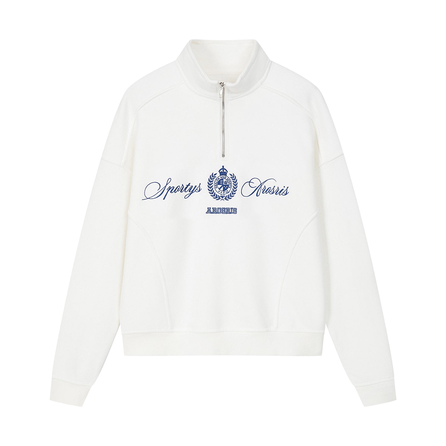 Arosris vintage-inspired campus half-zip sweatshirt showcasing a signature mock neck, silver hardware, and premium 'Sportys / Arosris' crest embroidery on a heavyweight cotton blend.