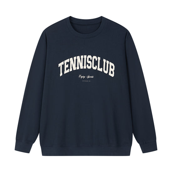 Arosris navy campus long sleeve t-shirt showcasing a relaxed crewneck silhouette, ribbed cuffs, and a classic vintage 'TENNISCLUB' arch graphic print on premium Pima cotton.