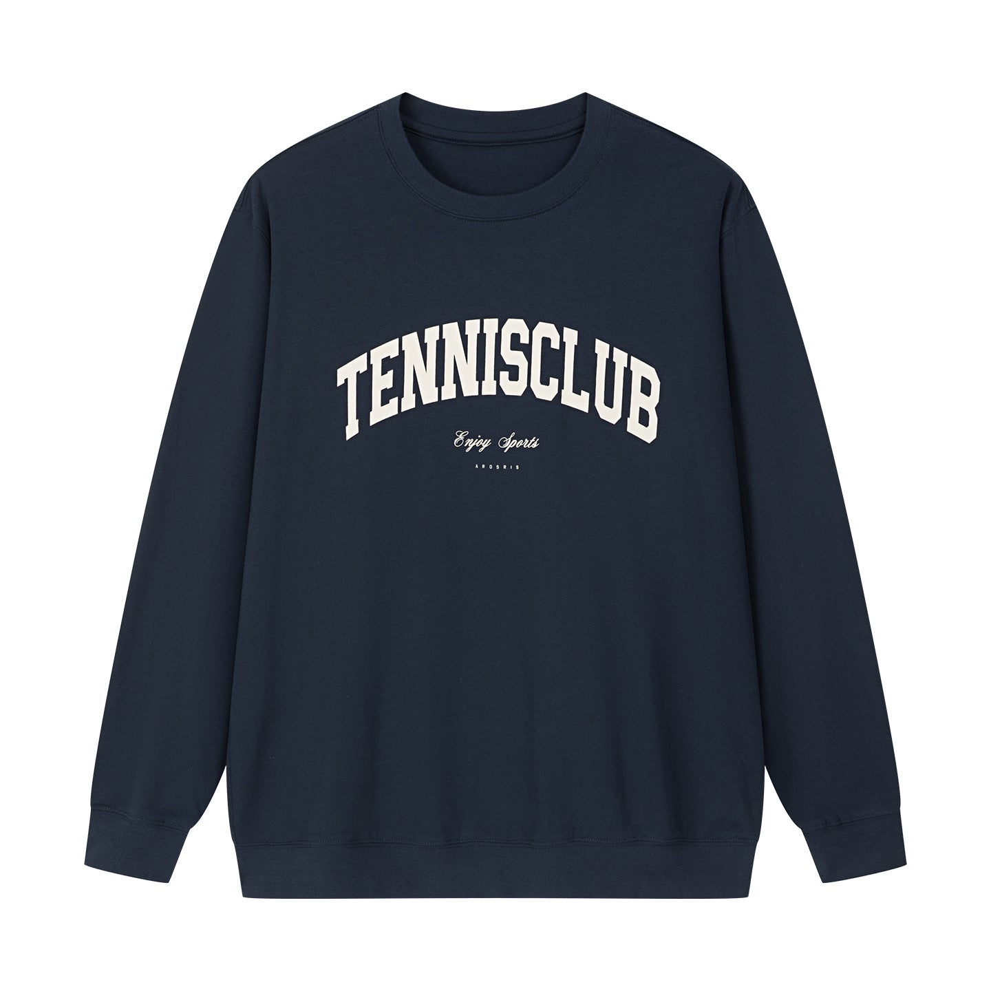 Arosris navy campus long sleeve t-shirt showcasing a relaxed crewneck silhouette, ribbed cuffs, and a classic vintage 'TENNISCLUB' arch graphic print on premium Pima cotton.