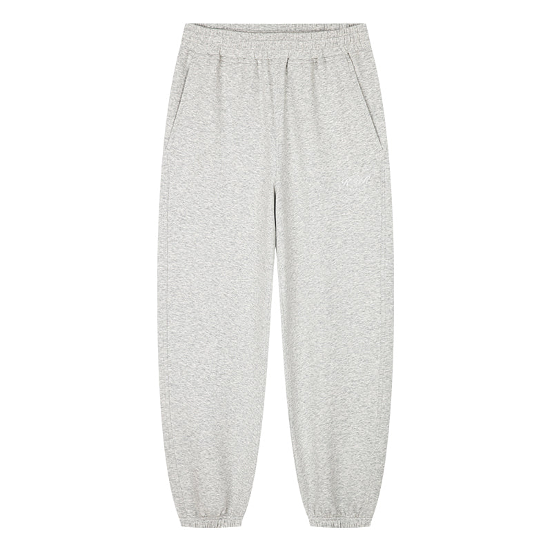 Arosris heather grey classic cotton jogger sweatpants showcasing a comfortable elastic waistband, relaxed drape, and structured cuffed hems.