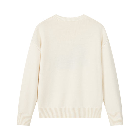 Arosris cream Country Carriage Wool Blend Sweater displayed in flat lay views, showcasing the distinctive vintage-inspired carriage intarsia knit pattern and the heavyweight knit texture.