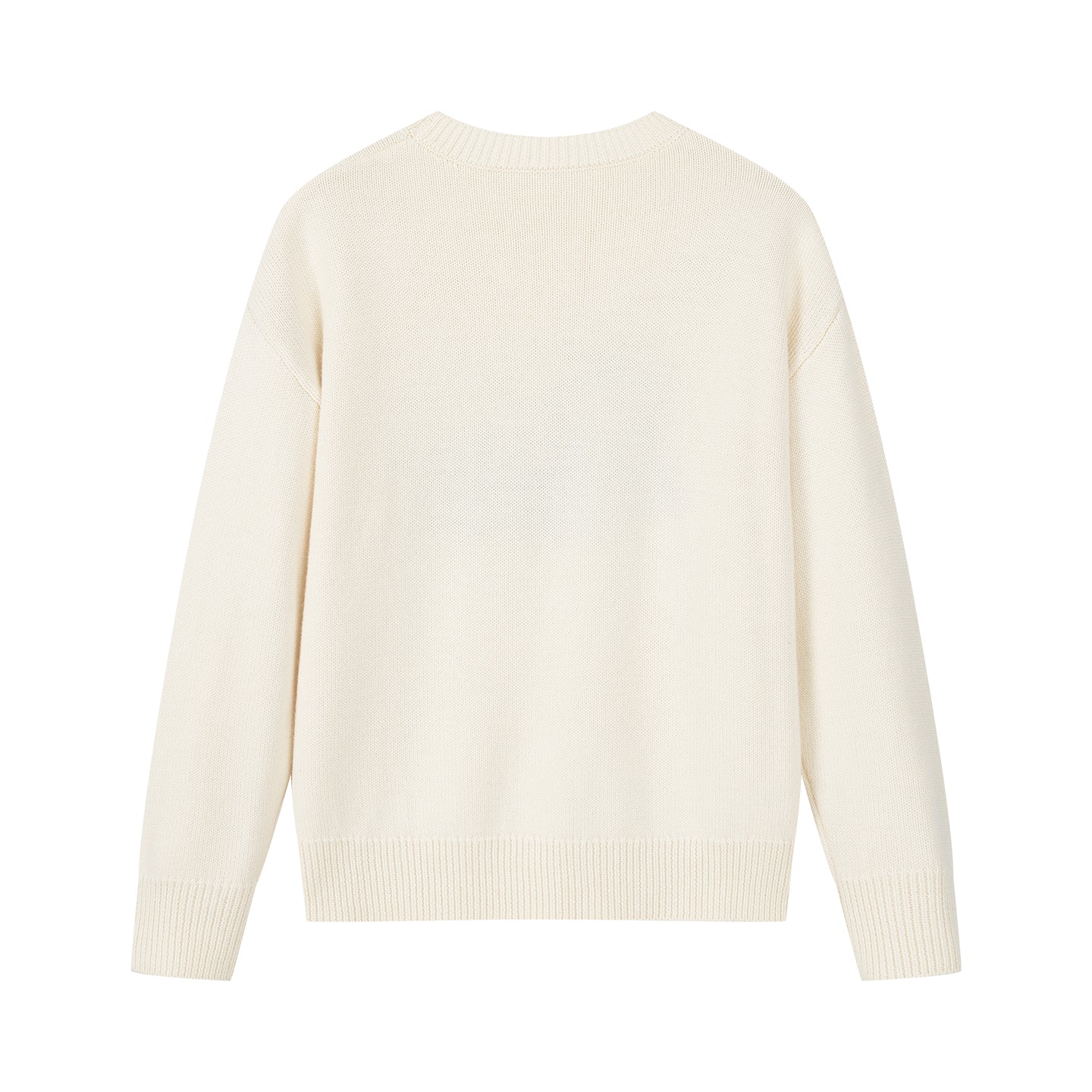 Arosris cream Country Carriage Wool Blend Sweater displayed in flat lay views, showcasing the distinctive vintage-inspired carriage intarsia knit pattern and the heavyweight knit texture.