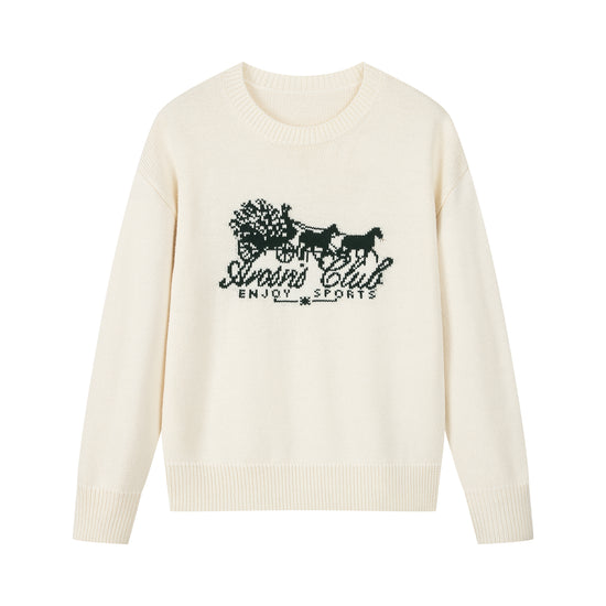 Arosris cream Country Carriage Wool Blend Sweater displayed in flat lay views, showcasing the distinctive vintage-inspired carriage intarsia knit pattern and the heavyweight knit texture.