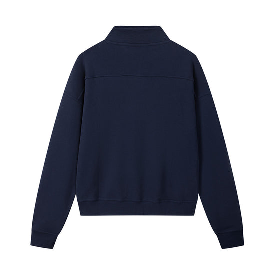 Arosris navy country club half-zip sweatshirt showcasing a structured mock neck, vintage bronze hardware, and custom script embroidery on a premium cotton blend.