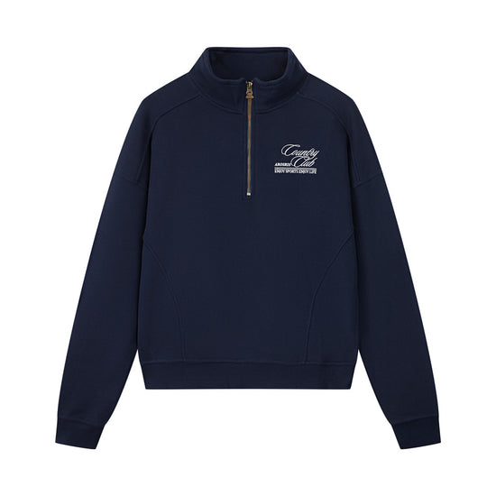 Arosris navy country club half-zip sweatshirt showcasing a structured mock neck, vintage bronze hardware, and custom script embroidery on a premium cotton blend.
