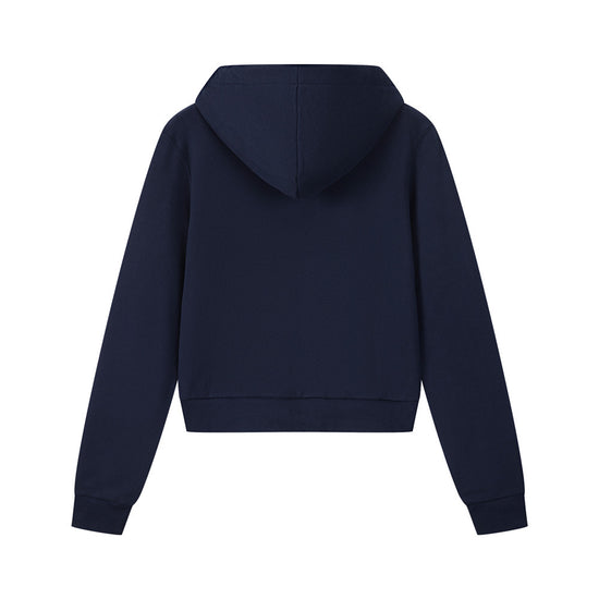 Arosris navy country club slim zip hoodie showcasing a flattering 90s cropped silhouette, silver-tone hardware, and custom vintage script embroidery.