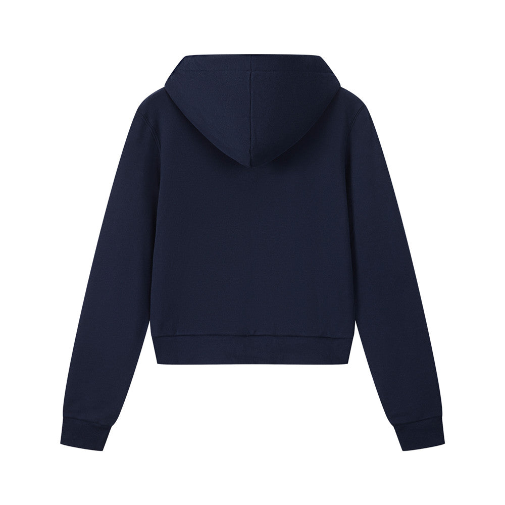 Arosris navy country club slim zip hoodie showcasing a flattering 90s cropped silhouette, silver-tone hardware, and custom vintage script embroidery.