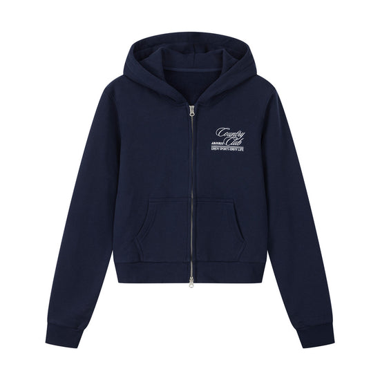 Arosris navy country club slim zip hoodie showcasing a flattering 90s cropped silhouette, silver-tone hardware, and custom vintage script embroidery.