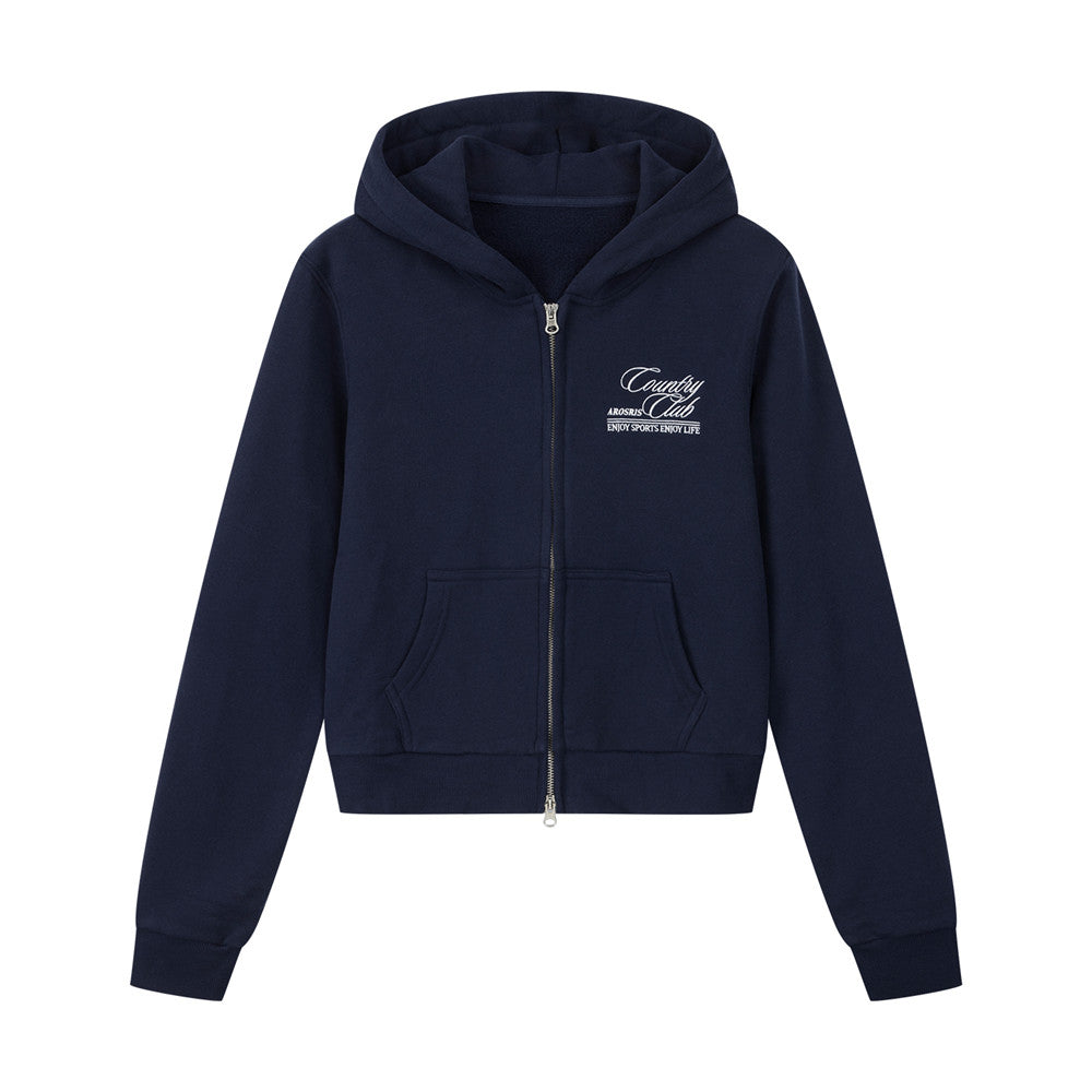 Arosris navy country club slim zip hoodie showcasing a flattering 90s cropped silhouette, silver-tone hardware, and custom vintage script embroidery.
