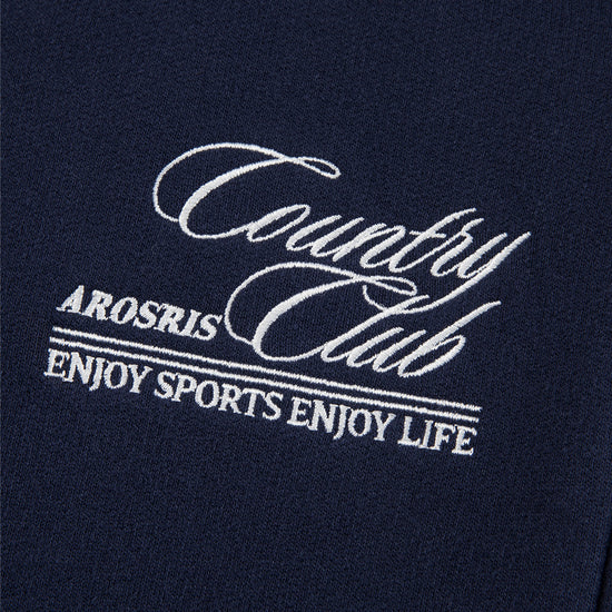 Arosris navy country club relaxed sweatpants showcasing a comfortable elastic waistband, relaxed fit with cuffed hems, and custom vintage script embroidery.