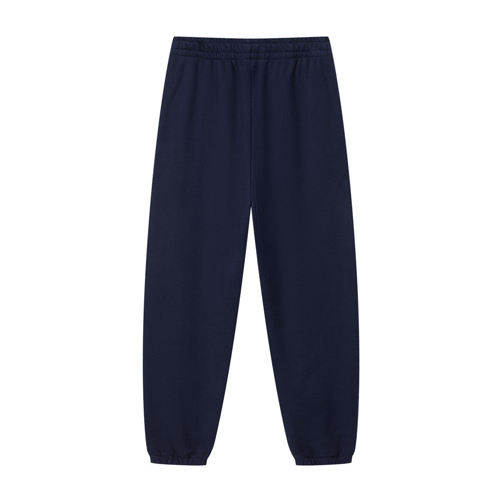 Arosris navy country club relaxed sweatpants showcasing a comfortable elastic waistband, relaxed fit with cuffed hems, and custom vintage script embroidery.