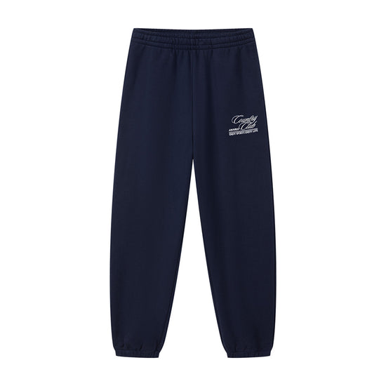 Arosris navy country club relaxed sweatpants showcasing a comfortable elastic waistband, relaxed fit with cuffed hems, and custom vintage script embroidery.