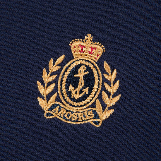 Arosris navy offshore crest crewneck sweatshirt showcasing a classic V-stitch neckline, relaxed fit, and signature gold nautical anchor embroidery.
