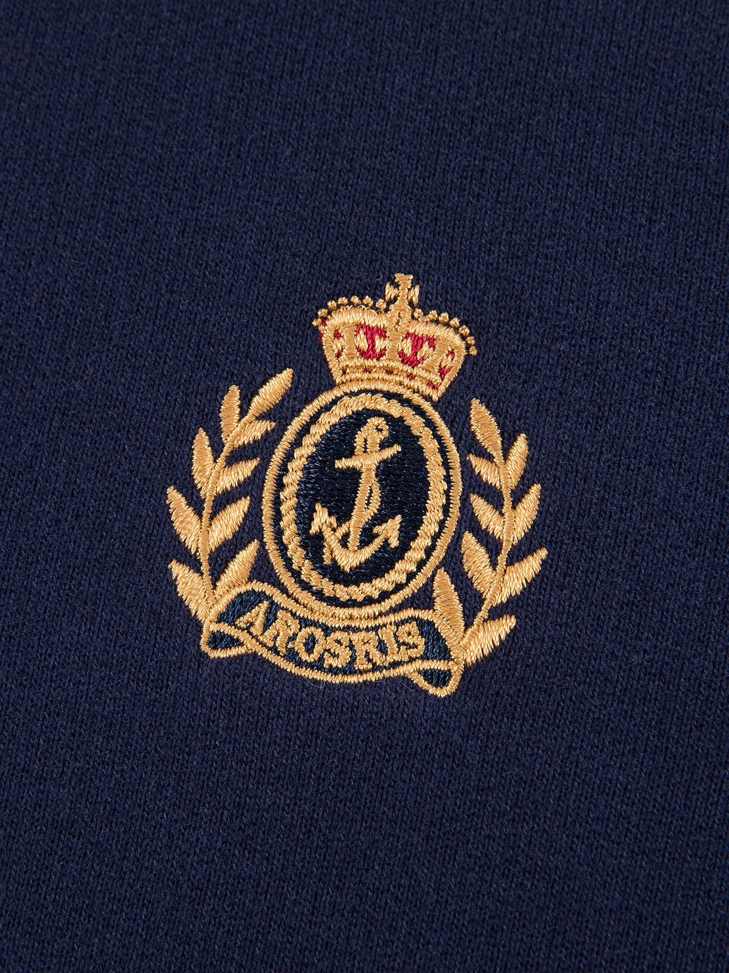 Arosris navy offshore crest crewneck sweatshirt showcasing a classic V-stitch neckline, relaxed fit, and signature gold nautical anchor embroidery.