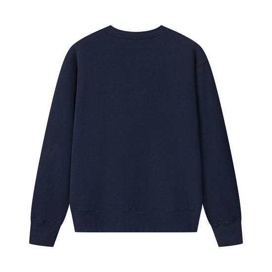 Arosris navy offshore crest crewneck sweatshirt showcasing a classic V-stitch neckline, relaxed fit, and signature gold nautical anchor embroidery.
