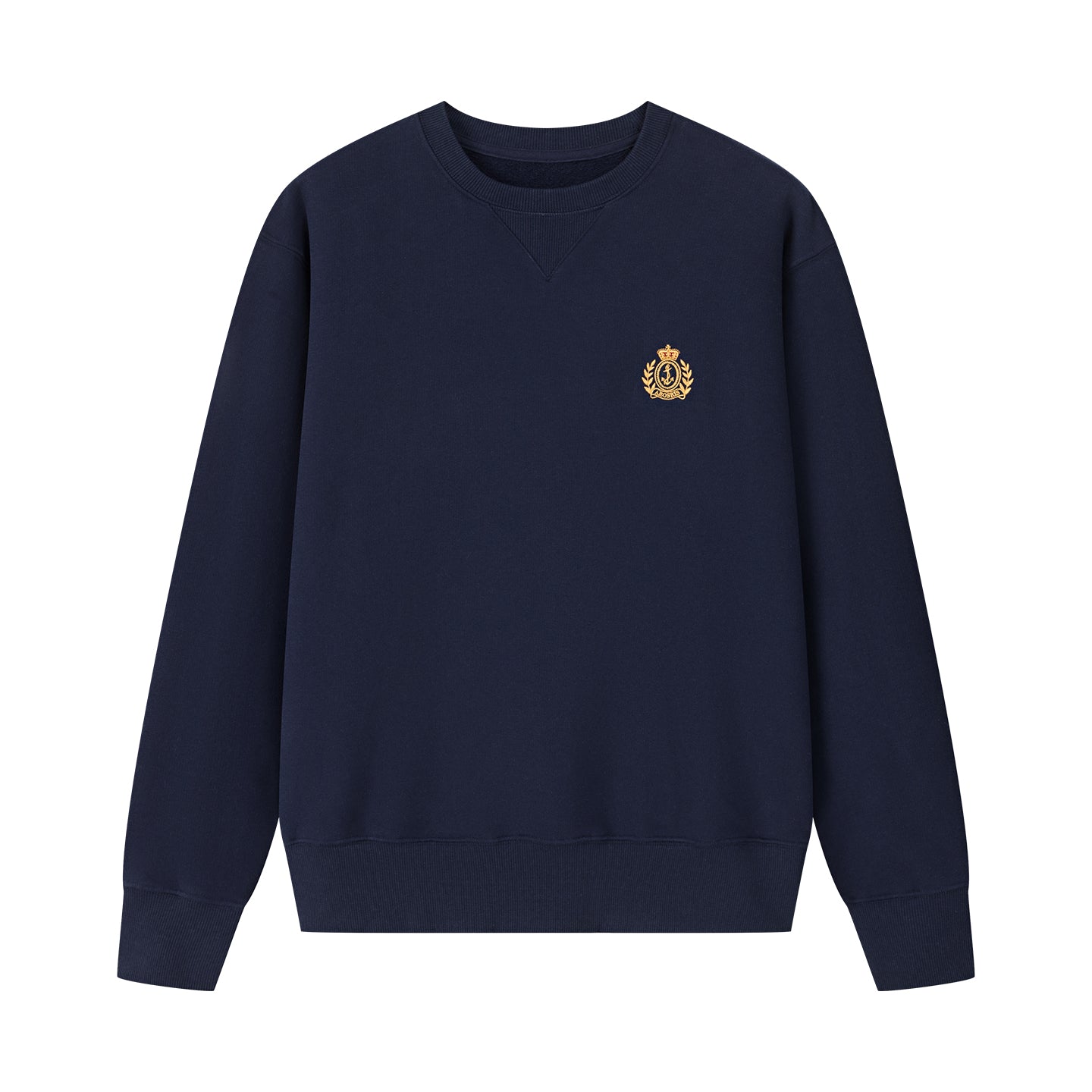Arosris navy offshore crest crewneck sweatshirt showcasing a classic V-stitch neckline, relaxed fit, and signature gold nautical anchor embroidery.